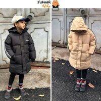 Juniorkic Áo khoác phao dáng dài có mũ lông vũ siêu nhẹ chống thấm nước giữ nhiệt cho bé trai bé gái chất lượng cao