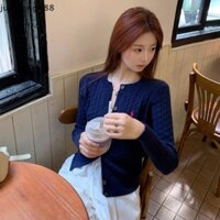 Junmeng888 Áo len dệt kim nguyên khối Áo len dài tay cổ chữ O Áo len ngực đơn đẹp