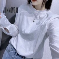 Junnovgal Áo Thun cotton Trắng Tay Dài Dáng Rộng Đơn Giản Thời Trang 2023 Dành Cho Nữ