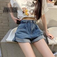 Junnovgal Nữ Quần Short Mini 2024 Chữ A Denim Màu Trơn Mới Dạo Phố Phong Cách Nách Eo