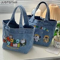Just STAR Túi Xách Denim Sức Chứa Lớn Thêu Họa Tiết Hoạt Hình Nhật Bản Dễ Thương Có Thể Giặt Rửa Cho Học Sinh