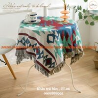 K04_Khăn trải bàn hình chữ nhật/tròn cotton&lanh Morandi organic họa tiết thổ cẩm có tua phong cách Bắc Âu