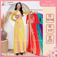 K150 Áo dài truyền thống Thúy Kiều nền vàng hoa ngực hàng may sẵn vải lụa Nhật mềm mại, co giãn, áo dài giá rẻ đẹp