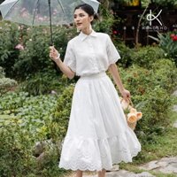 K204 Áo linen thêu ren sóng, cổ tàu