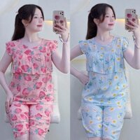 KA18- Đồ Bộ Tole Lanh Nữ Mặc Nhà Quần Lửng Áo Cánh Tiên Phối Rèm Size 40-80kg