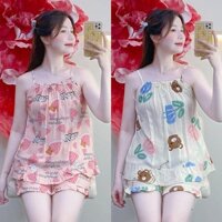 KA29- KA02 Đồ Bộ Tole Lanh Nữ Mặc Nhà Quần Đùi Áo Hai Dây Họa Tiết Hình Size 40-80kg