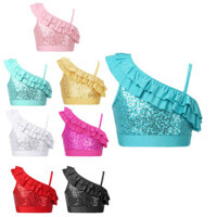 Kaerm Trẻ Em Bé Gái Bất Đối Xứng Dây Đeo Vai Không Tay Sequin Ruffle Chi Tiết Trên Đầu Đàn Hồi Đáy Ban Nhạc Khiêu Vũ Hiệu Suất Hàng Đầu Crop Top
