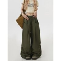 Kai Langfu Mỹ Retro Quân Đội Xanh Quần Áo Thiết Kế Dây Rút Quần Rời Rộng Quần hiphop20250328