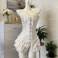 KALINA - (Full Set) Corset Vintage Trắng Họa Tiết Cổ Điển Mix Chân Váy Xốp Cao Cấp