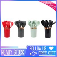 Kanebduk 11 Pcs Silicone Kitchenware Set Heat Resistance Wooden Handle Kitchen Utensils with Storage Bucket for Camping