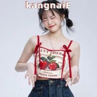 Kangnai Bowknot Tank Top, Dacron Cute Sweet Cherry Print Tops, Đơn giản nơ buộc dây