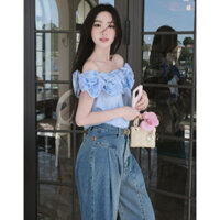 Kara Shirt - Áo sơ mi đính hoa nơ trễ vai màu hồng xanh trắng dễ thương trẻ trung nữ tính - Aiko.studio