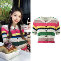 KASX Self-Portrait Sweet Youthful Color Block Striped Round Neck Short Sleeve Fashion Versatile Top24Summer New Thin Knitted Cardigan