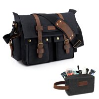 Kattee Military Messenger Bag Canvas Leather Shoulder Bag 15.6 Inch Laptop and Men's Canvas Leather Travel Toiletry Bag