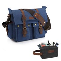Kattee Military Messenger Bag Canvas Leather Shoulder Bag 15.6 Inch Laptop and Men's Canvas Leather Travel Toiletry Bag