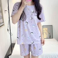 Kawaii Hello Kitty Dễ Thương Chim Cánh Cụt Bộ Đồ Ngủ Mùa Hè 2 Miếng Bộ Quần Áo Hoạt Hình Rời Cổ Tròn Quần Short Tay Ngắn Y2K Quần Áo Gia Đình Bé Gái