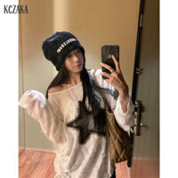 Kczaka Nữ Cổ Tròn Màu Xám Dài Tay Áo Lười Rời Rách Phong Cách Ngôi Sao