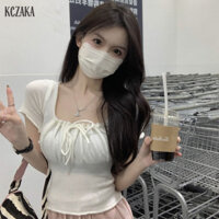 Kczaka Pháp cà vạt cổ vuông ngọt ngào đáy áo sơ mi nữ mới mỏng ngắn dệt kim áo len tay ngắn