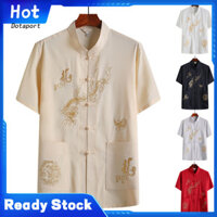 Kddt- Tangs Phù Hợp Với Hàng Đầu Thêu Rồng Màu Trơn Cổ Tay Ngắn Năm Mới Mặc Siêu Mềm Trung Quốc Kung Fu Cánh Chun Áo Sơ Mi Quần Áo Nam
