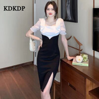 Kdkdp Người Nổi Tiếng Hàn Quốc Khí Chất Ngọt Ngào Nơ Cổ Vuông hông Tay Ngắn Hepburn Gió Nhỏ Váy Đen Đầm Dạ Hội