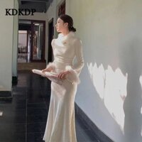 Kdkdp Váy dài tay sườn xám cổ lông dành cho nữ 2024 mới thu đông váy dài thích hợp dáng ôm vừa vặn, quấn hông, đuôi cá