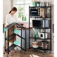 Kệ bếp đa năng 3/4/5 tầng gấp gọn để đồ, lò vi sóng tiện lợi bằng thép carbon có bánh xe