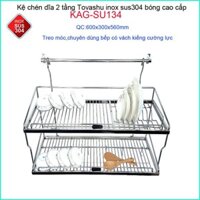 Kệ chén bát Tovashu KAG-SU134-60cm, kệ chén dĩa 2 tầng thanh treo inox hộp SUS304 Nhật Bản cao cấp siêu bền