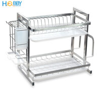 Kệ chén đa năng 2 tầng inox 304 Hobby Home Decor KC2T kèm khay hứng nước, ống đũa, giá treo thớt không rỉ sét