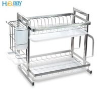 Kệ chén đa năng 2 tầng inox 304 Hobby Home Decor KC2T có khay hứng nước, ống đũa, giá treo thớt