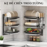 Kệ chén inox treo tường thép carbon chống gỉ sét giá đựng bát đĩa dán tường không cần khoan kèm móc