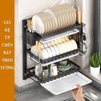 Kệ chén treo tường inox giá đựng bát đĩa dán tường thép carbon chống gỉ sét không cần khoan kèm móc treo dụng cụ bếp