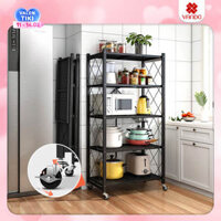 Kệ đa năng gấp gọn 345 tầng bằng Thép Carbon không gỉ Vando chính hãng, Kệ lò vi sóng có bánh xe, kệ sách trang trí - Đen - 4 tầng