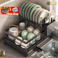 Kệ Để Chén Bát Đĩa Thép Carbon HOMEFL, Kệ Để Đồ Nhà Bếp 2 Tầng Thông Minh Có Khay Hứng Nước Đa Năng