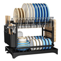 Kệ, Để Chén Bát Đĩa Thép Carbon Giá Để Đồ Nhà Bếp 2 Tầng Có Khay Đựng Đũa Muỗng Kèm Tấm Dẫn Thoát Nước Mẫu Mới