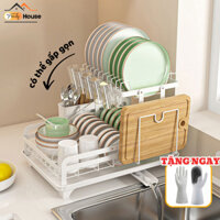 Kệ Để Chén Bát Đĩa TRENDY Thép Carbon, Kệ Để Đồ Nhà Bếp 2 Tầng Thông Minh Có Khay Hứng Nước Đa Năng