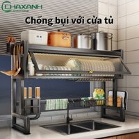 Kệ Để Chén Đĩa INOX Có Nắp Đậy Thông Minh Trên Bồn Rửa Bát, Kệ Tủ Nhà Bếp 2 Tầng