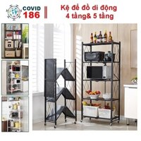 Kệ để đồ di động có bánh xe 3 tầng, 4 tầng để lò vi sóng có thể gấp gọn trang trí nhà cửa nhà bếp