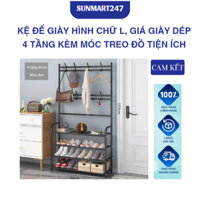 Kệ Để Giày Hình Chữ L, Giá Giày Dép 4 Tầng Kèm Móc Treo Đồ Tiện Ích, Kệ Giày Nam Nữ Đa Năng