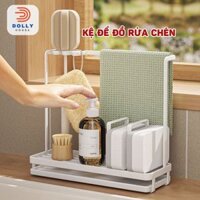 Kệ để miếng rửa chén, kệ để búi rửa chén có giá treo khăn tay và khay hứng nước đa năng DOLLYHOUSE
