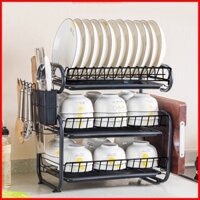 Kệ đựng chén bát khung thép đen kích thước 40x23x44cm - Tặng ống cắm đũa thìa, khay hứng nước bằng nhựa
