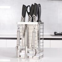 Kệ đựng dao kéo Inox 304 kèm 3 móc treo và khay hứng nước, không rỉ sét - Ống cắm dao kéo Inox 304