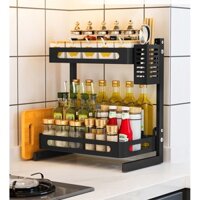 Kệ Gia Vị 2 Tầng nhà bếp có ống đũa và treo dao, thớt đầy đủ phụ kiện sơn 3 lớp