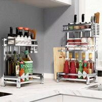 Kệ Gia Vị Nhà Bếp Inox 304 2/3 Tầng Nhà Bếp, Kệ Để Đồ Nhà Bếp Cắm Đũa Cài Dao Thớt Đa Năng MKS006