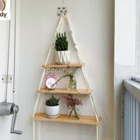 Kệ gỗ 3 tầng tết macrame hình cây thông, kệ gỗ decor trang trí phòng, kệ trang trí phòng khách, kệ trang trí ban công...