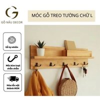 Kệ gỗ chữ L móc đôi gắn tường treo quần áo, túi xách, vật dụng - Gỗ Nâu 2