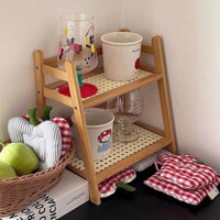 Kệ Gỗ Để Đồ 2 Tầng Đựng Cốc, Chậu Cây - Giá Mây Tre Decor Văn Phòng Trang Trí Bàn Làm Việc