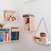 Kệ gỗ thông hình hộp treo tường kèm dây thừng GREEN HOME