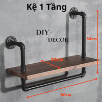 Kệ Gỗ Treo Tường 1 Tầng Decor Vintage bằng Ống Thép Sơn Tĩnh Điện DIY Decor KTT041-1T
