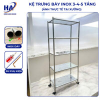 Kệ inox để đồ decor, phụ kiện mặt kính mặt gỗ 5 tầng có chân tăng chỉnh nasalipit (CHƯA KÈM KÍNH)
