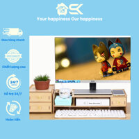 Kệ màn hình gỗ 2 tầng lắp ghép , Bàn để máy tính gỗ có ngăn kéo tủ sách mini